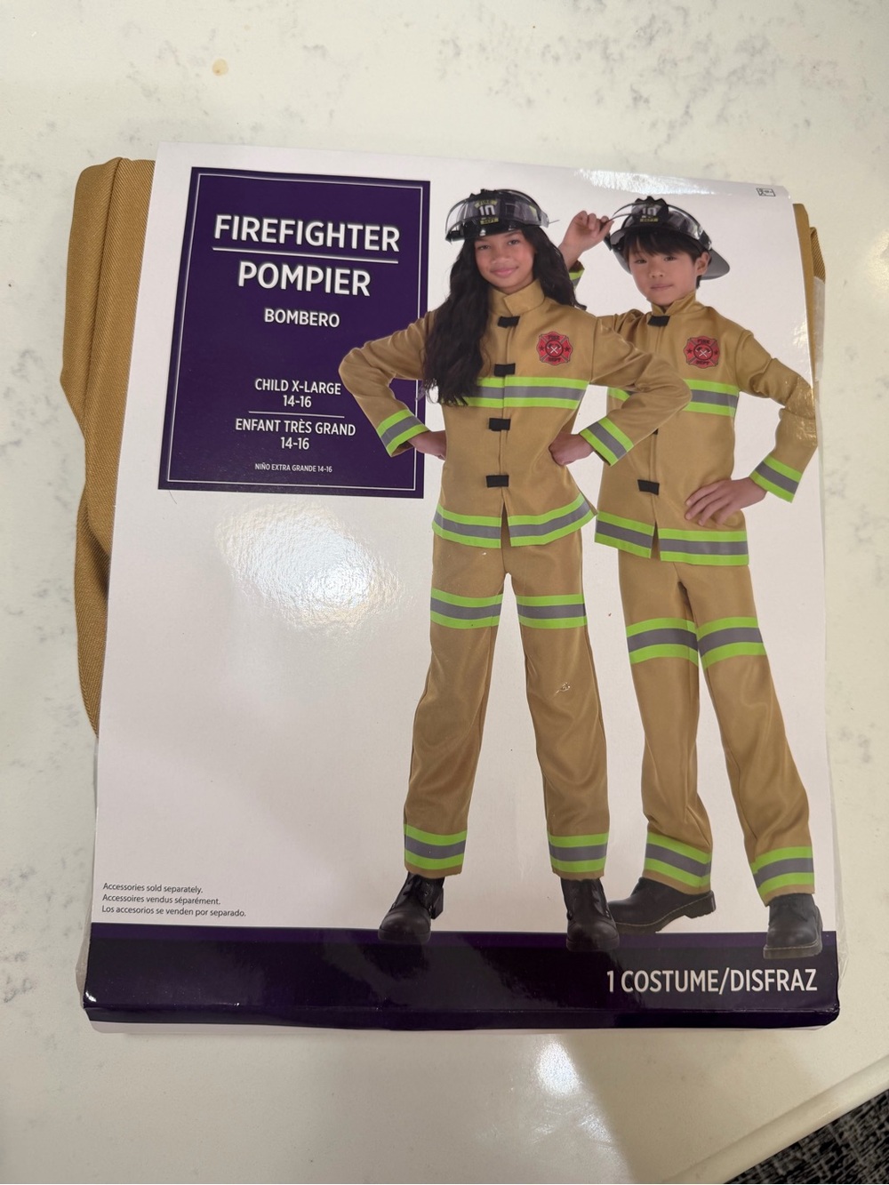 Children's Tan Firefighter Halloween Costume with Lime Reflective Trim - Picture 4 of 10